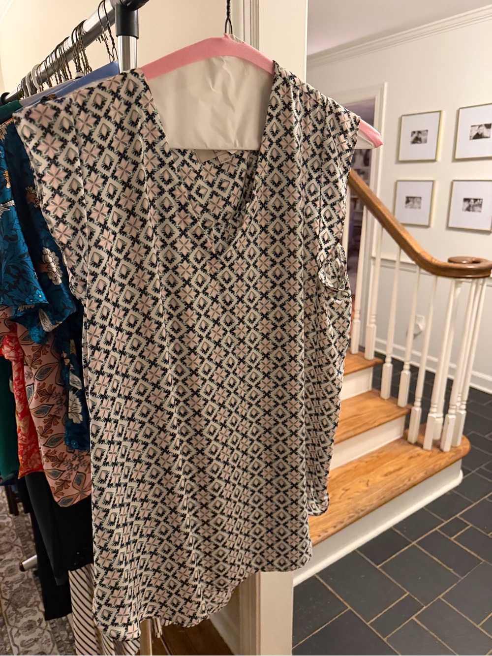 Sleeveless Printed V-Neck Top in Cream and Navy Blue and Pink
